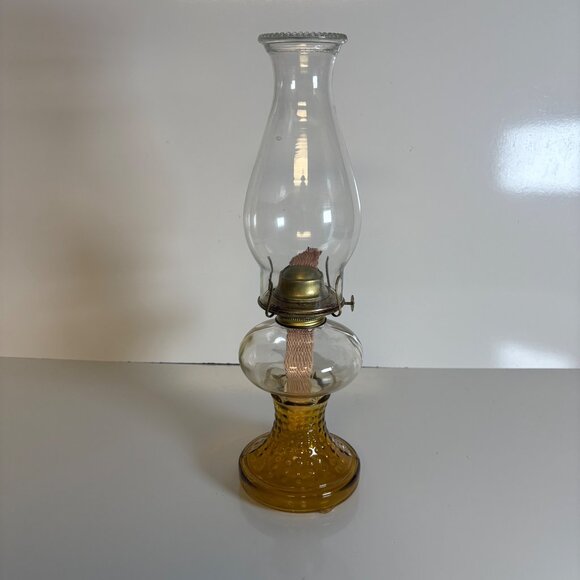 Glass Hurricane Oil Lamp Amber Base Clear Chimney Vintage - Picture 2 of 7